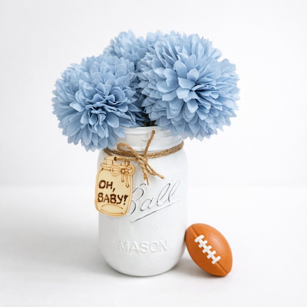 Blue Dahlia Arrangement in Mason Jar Boy Baby Shower Gift Nursery Decor
